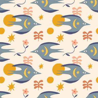 Bahar kuşları çocuksu karikatür boho illüstrasyon naif el yapımı, el yapımı, kusursuz model vektörü.