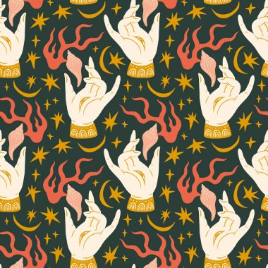 Mudra el Asya geleneksel boho illüstrasyon el çizimi biçim sanat vektörü dikişsiz desen 