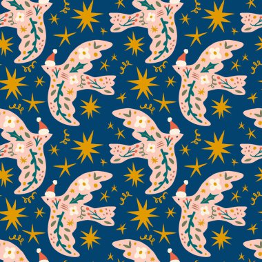 Xmas kuşları çocuksu çizgi film harika boho illüstrasyonları naif el yapımı saf el yapımı sanat kusursuz model vektörü