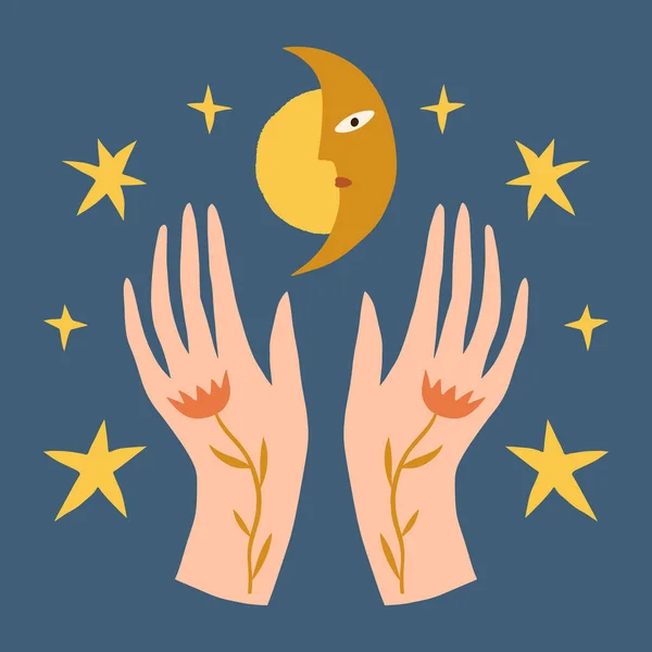 Hands holding crescent moon childish cartoon doodle boho naive funky handdrawn style art vector — Stock Vector