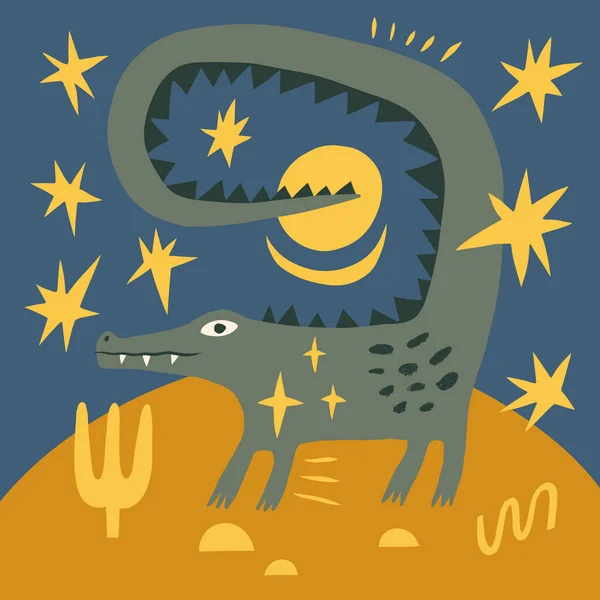Alligator crocodile dessin animé enfantin groovy boho illustration naïf funky style dessiné à la main art vecteur — Image vectorielle