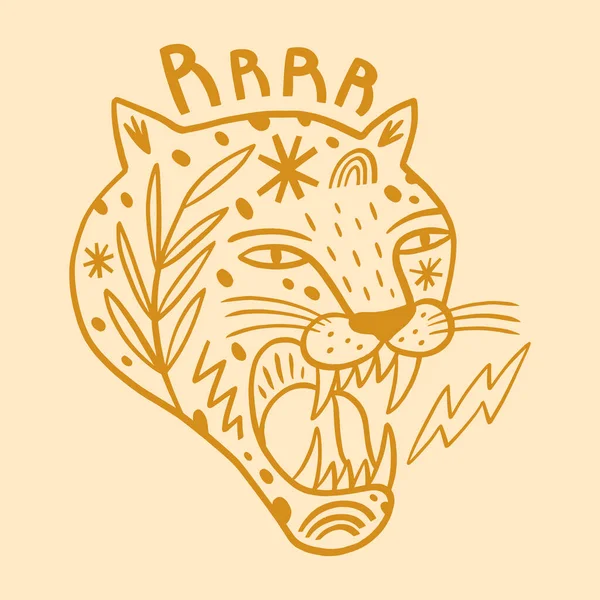 Roar salvaje gato leopardo cara infantil dibujos animados groovy doodle boho ilustración ingenuo funky dibujado a mano estilo arte vector — Vector de stock