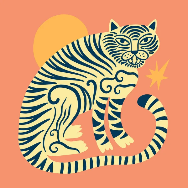 Ázsiai tigris vad állat gyerekes rajzfilm boho illusztráció naiv funky kézzel rajzolt stílus művészet vektor — Stock Vector