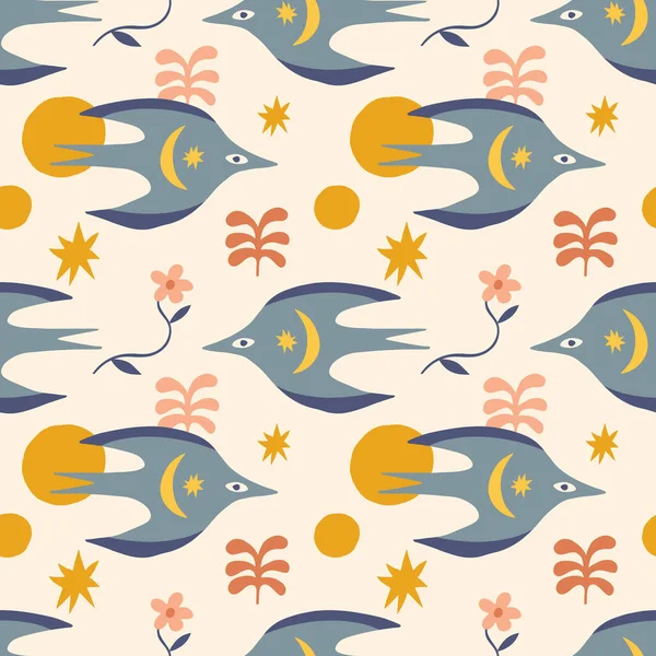 Frühling Vögel kindisch cartoon Boho Illustration naiv funky handgezeichneten Stil Kunst nahtlose Muster-Vektor — Stockvektor