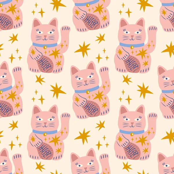 Maneki Neko traditional asian cat childish cartoon groovy doodle boho illustration naive funky handdrawn style art seamless pattern vector