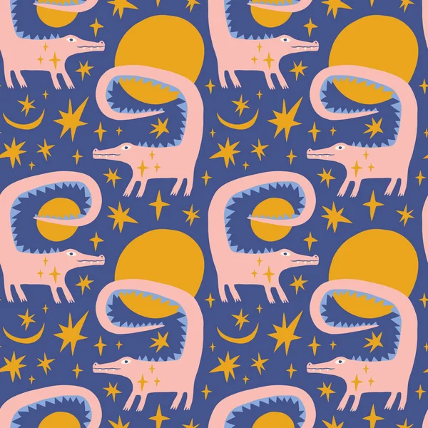 Alligators crocodiles childish cartoon groovy boho illustration naive funky handdrawn style art seamless pattern vector