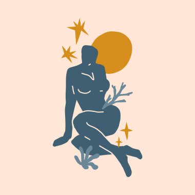 Boho kutsal sihirli kadın mistik sembol düz bütünsel meditasyon Reiki yeni çağ konsepti modern soyut siluet