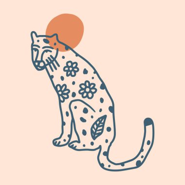 Leopard flowers childish cartoon groovy doodle boho illustration naive funky handdrawn style art vector