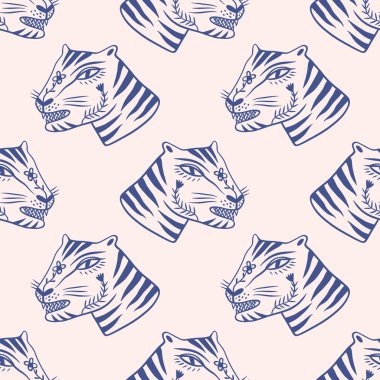 Cute tiger wild animal childish cartoon groovy boho seamless pattern naive funky handdrawn style art vector