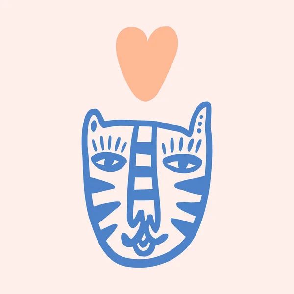 Cute Valentine tiger wild animal childish cartoon groovy boho illustration naive funky handdrawn style art vector — Stock vektor