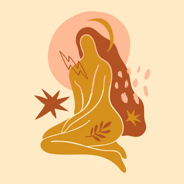 Boho femme magique sacrée symbole mystique plat holistique guérison méditation Reiki nouveau concept d'âge silhouette abstraite moderne — Image vectorielle