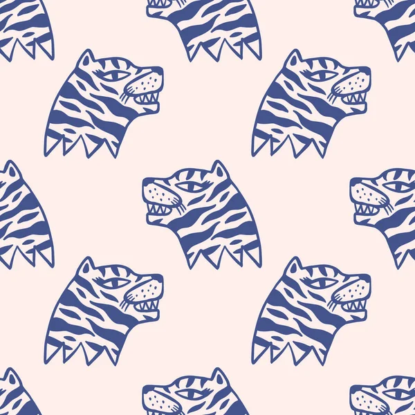 Cute tiger wild animal childish cartoon groovy boho seamless pattern naive funky handdrawn style art vector — Vetor de Stock