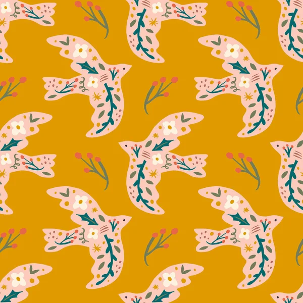 Spring birds childish cartoon groovy doodle boho illustration naive funky handdrawn style art seamless pattern vector