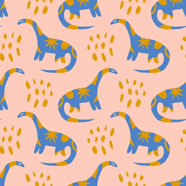 Dinosaur childish cartoon groovy doodle boho seamless pattern naive funky handdrawn style art vector — ストックベクタ