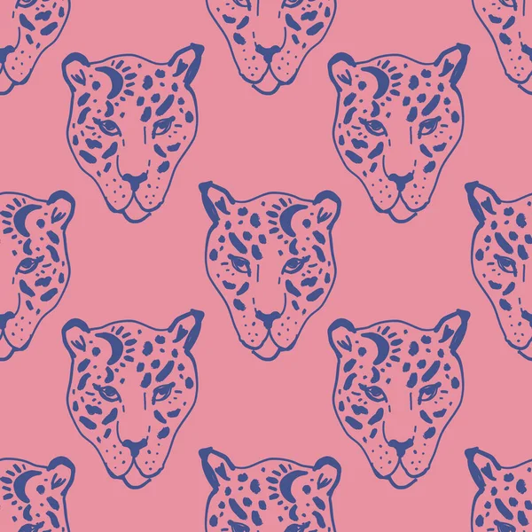 Cute leopard wild animal childish cartoon groovy boho seamless pattern naive funky handdrawn style art vector — Vetor de Stock