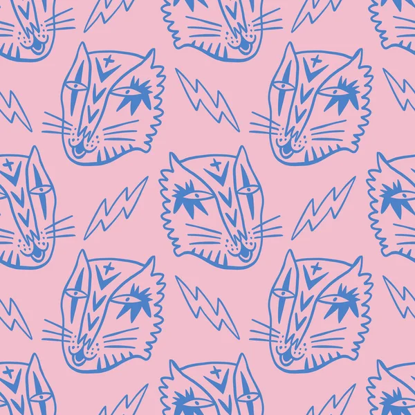 Cute punk tigers childish cartoon groovy doodle boho illustration naive funky handdrawn style art seamless pattern vector — Vetor de Stock