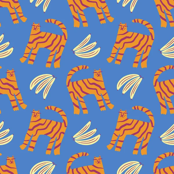 Cute tropical tigers wild animal childish cartoon groovy boho seamless pattern naive funky handdrawn style art vector — Vetor de Stock