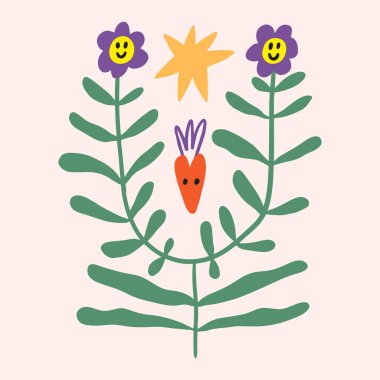 Harika sevgililer günü çiçekleri şirin komik karakter boho karalama modern sanat baskısı komik el çizimi çocuksu çizgi film funky moda moda vektör çizimi