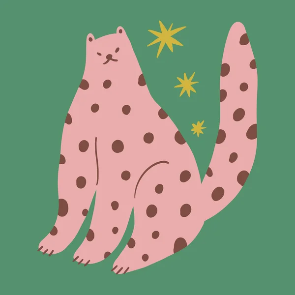 Leopard gato groovy bonito personagem cômico boho doodle arte moderna imprimir engraçado desenhado à mão desenho animado infantil funky moda estilo vetor ilustração clipart —  Vetores de Stock