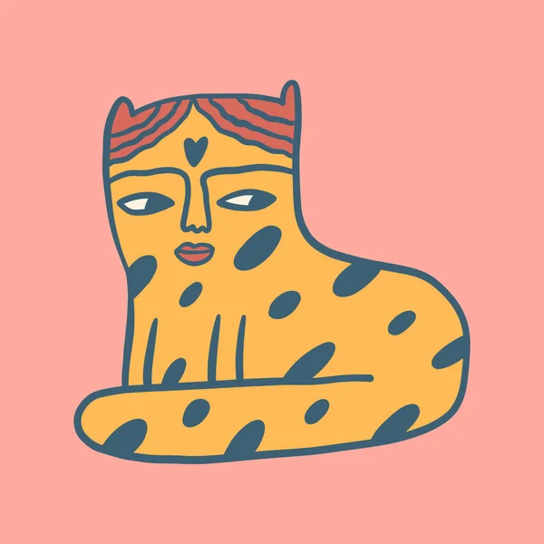 Leopard cat groovy cute comic character boho doodle modern art print funny handdrawn childish cartoon funky trendy style vector illustration clipart — Stock Vector