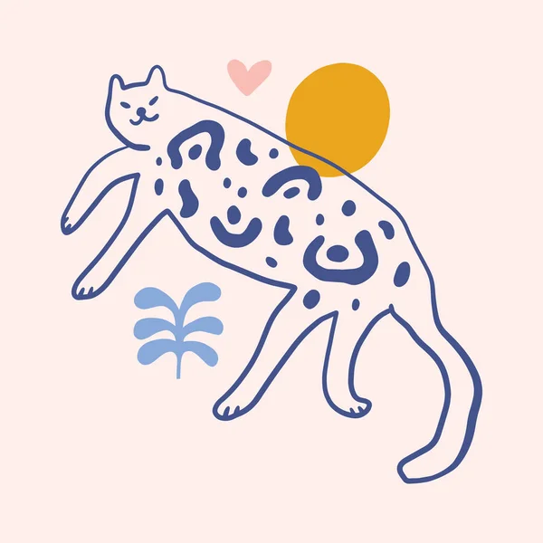 Leopardo gato groovy lindo personaje cómico boho doodle arte moderno imprimir divertido dibujado a mano infantil dibujos animados funky moda estilo vector ilustración clipart — Vector de stock