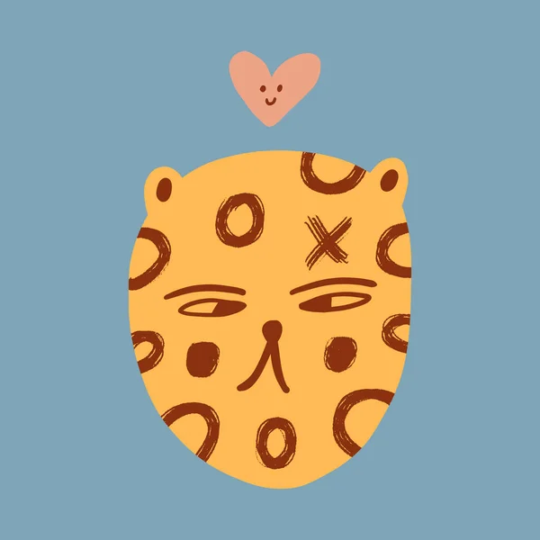 Leopardo Valentines gato rosto groovy bonito personagem cômico boho doodle arte moderna imprimir engraçado desenho animado infantil funky moda estilo vetor ilustração clipart — Vetor de Stock