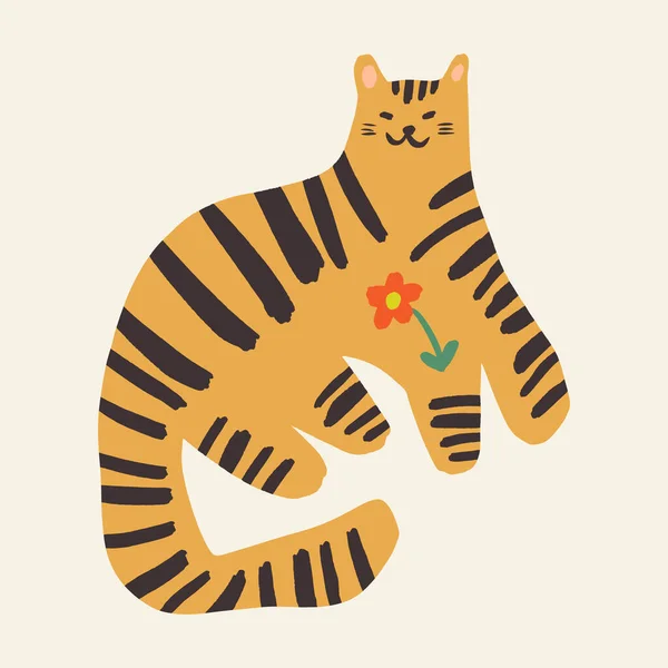 アジアの虎野生動物の子供の頃の漫画グルービーbohoイラスト素朴なファンキーな手書きスタイルのアートベクトル — ストックベクタ