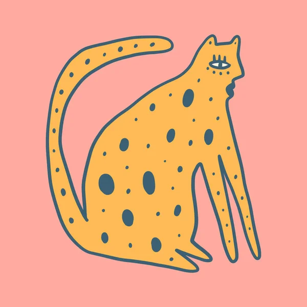 Leopard gato groovy bonito personagem cômico boho doodle arte moderna imprimir engraçado desenhado à mão desenho animado infantil funky moda estilo vetor ilustração clipart —  Vetores de Stock