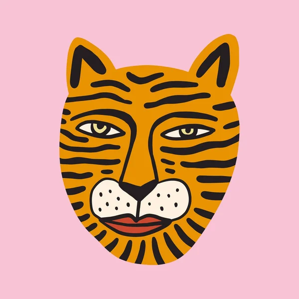 Tiger gato rosto groovy bonito personagem cômico boho doodle arte moderna imprimir engraçado desenhado à mão desenho animado infantil funky moda estilo vetor ilustração clipart —  Vetores de Stock