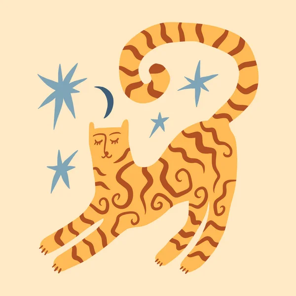 Night tiger vilda djur barnslig tecknad groovy boho illustration naiv funky handritad stil konst vektor — Stock vektor