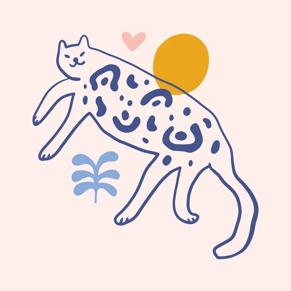 Macan tutul kucing groovy lucu komik karakter boho doodle Seni modern cetak gambar tangan lucu kartun kekanak-kanakan lucu trendi gaya vektor gambar clipart Stok Ilustrasi Bebas Royalti