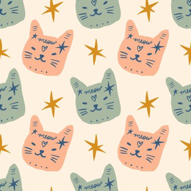 Kediler havalı, sevimli yıldızlar çizgi karakterler modern sanat eserlerini karalıyor komik el çizimleri komik moda moda tarzı, çizimsiz tasvirsiz çizimler.