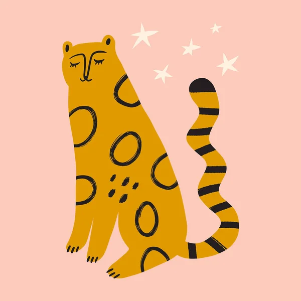 Rolig söt doodle komisk leopard katt tecken handritad barnslig trendig vektor illustration — Stock vektor