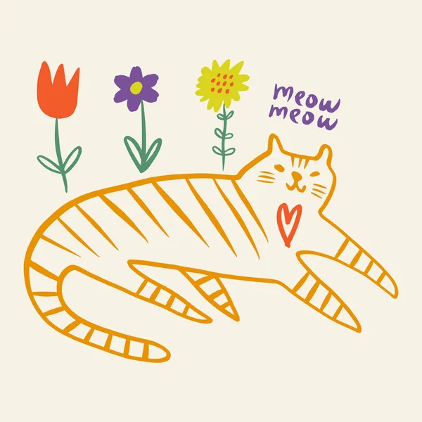 Cat tigris és virágok hűvös trendi doodle boho rajzfilm kézzel rajzolt vicces aranyos képregény karakter hippi groovy funky vektor illusztráció nyomtatás — Stock Vector