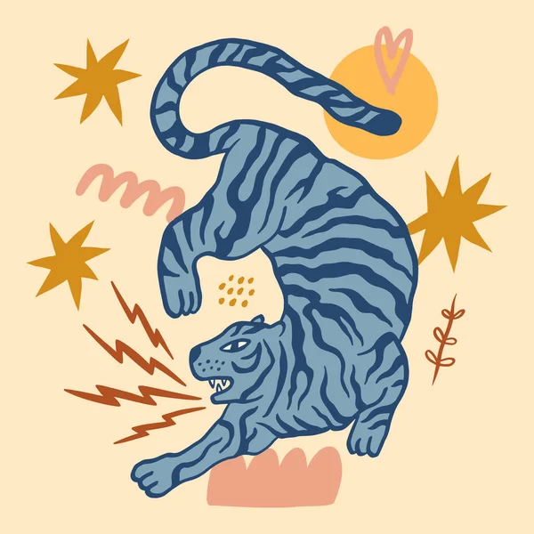 Asiatisk tiger vilda djur barnslig tecknad groovy boho illustration naiv funky handritad stil konst vektor — Stock vektor
