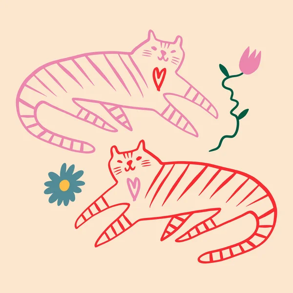 Valentine koty para groovy cute komiks znaków boho doodle nowoczesna sztuka druk śmieszne ręcznie rysowane dziecinny kreskówka funky modny styl wektor ilustracja — Wektor stockowy