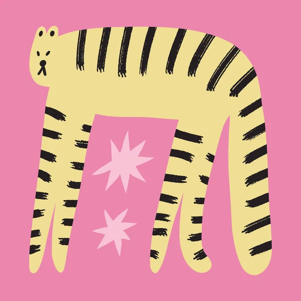 Baby tiger vilda djur barnslig tecknad groovy boho illustration naiv funky handritad stil konst vektor — Stock vektor