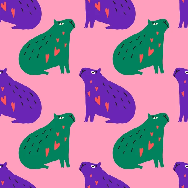 Capybaras animais bonitos personagens cômicos boho doodle arte moderna imprimir engraçado ingênuo desenhado à mão primitivo desenho animado infantil funky moda estilo vetor sem costura padrão de impressão —  Vetores de Stock