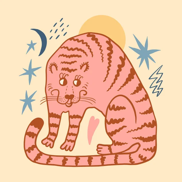 Divertido lindo doodle cómic tigre San Valentín carácter dibujado a mano infantil de moda vector ilustración — Vector de stock