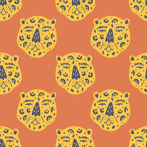 Doodle luipaard gezichten kinderlijke cartoon groovy boho naadloze patroon vector tekening — Stockvector