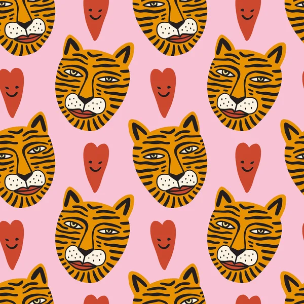 Doodle tigres enfrenta desenhos animados infantis boho groovy desenho vetor sem costura padrão —  Vetores de Stock