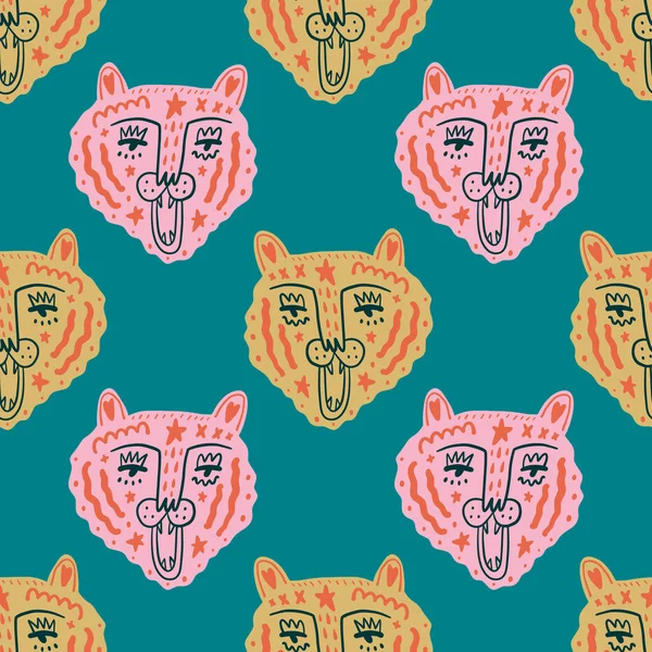 Doodle tigres enfrenta infantil dibujos animados groovy boho patrón sin costura dibujo vectorial — Vector de stock