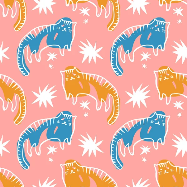 Doodle tigers детский мультяшный крутой boho иллюстрация наивная фанки ручной стиль искусства бесшовный вектор шаблона — стоковый вектор