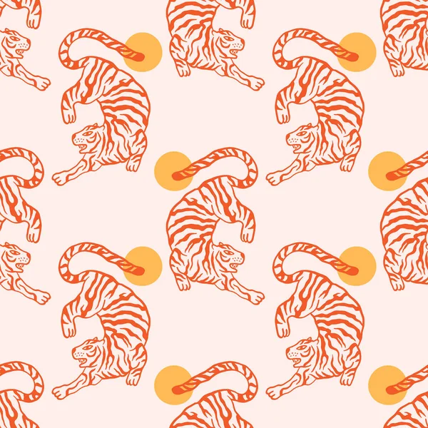 Groovy boho aziatische tijgers doodle moderne kunst print grappig handgetekend kinderachtig cartoon funky trendy stijl vector illustratie clipart naadloos patroon print — Stockvector