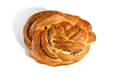 Haşhaş tohumlu tatlı çörek, gül goncası şeklinde katlanmış, parlak bir iştah açıcı kabuklu.