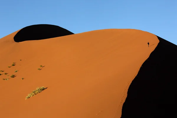 Tourist klettert auf eine Sanddüne bei sossusvlei - namibia — Stockfoto