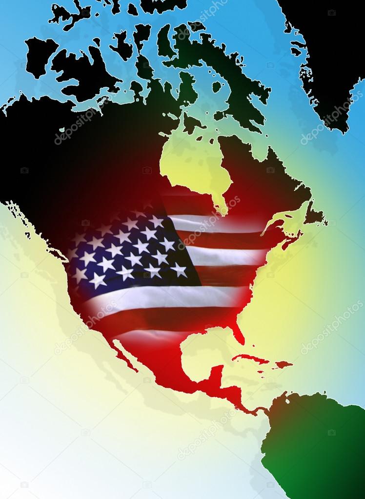 North American Continent with flag of the United States