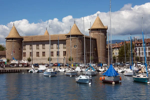 Castello Medievale Morges Vicino Porto Nella Città Morges Sulla Riva — Foto Stock