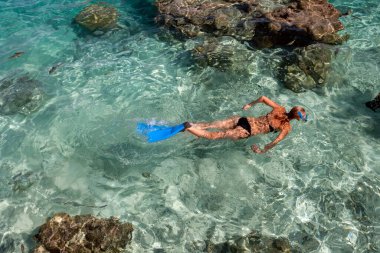Güney Pasifik 'teki Fransız Polinezyası' ndaki Mahini tropikal adasında lüks bir tatil köyünde şnorkelle yüzmek..