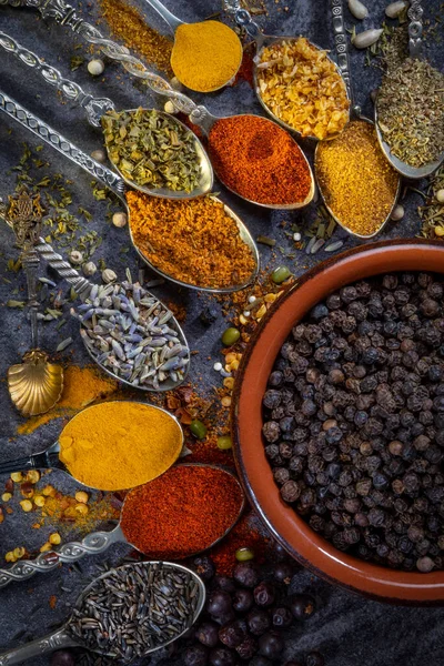 Selection Spices Used Add Flavor Seasoning Food Cooking — ストック写真